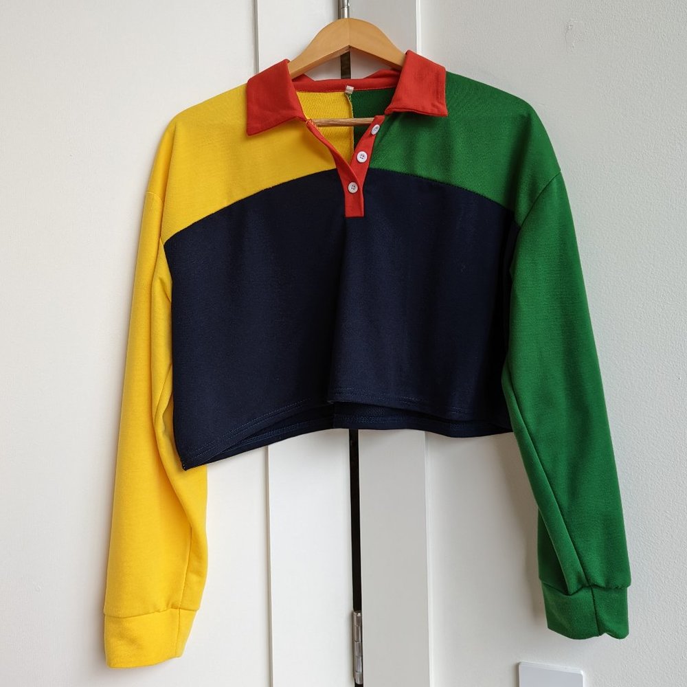 Crop Colorblock Long Sleeve Collar Partial Button Shirt